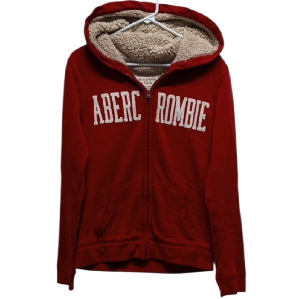 Abercrombie & Fitch Red Faux Fur Lined Full Zip Up Hooded Jacket